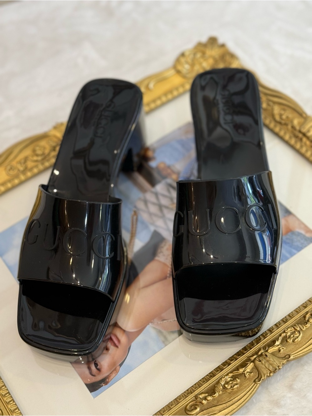 Gucci Black Patent Square-Toe Slide Mules - Picture 4 of 11